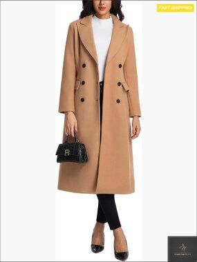 Long Wool Coat Double Breasted Notch Lapel Trench Classic Maxi Winter Jacket